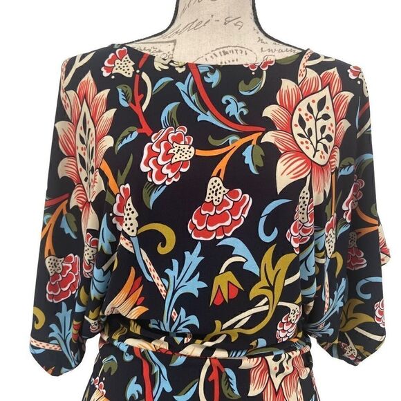 BCBGMAXAZRIA Woodblock Navy Folk Art Floral Dress Tie Waist Peplum Sheath Dress - Picture 3 of 9